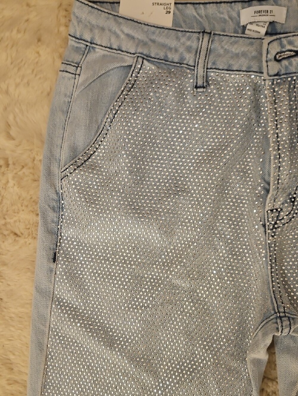 F21 Light Blue Jeans With Rhinestones Size 29 Straight Leg Cut